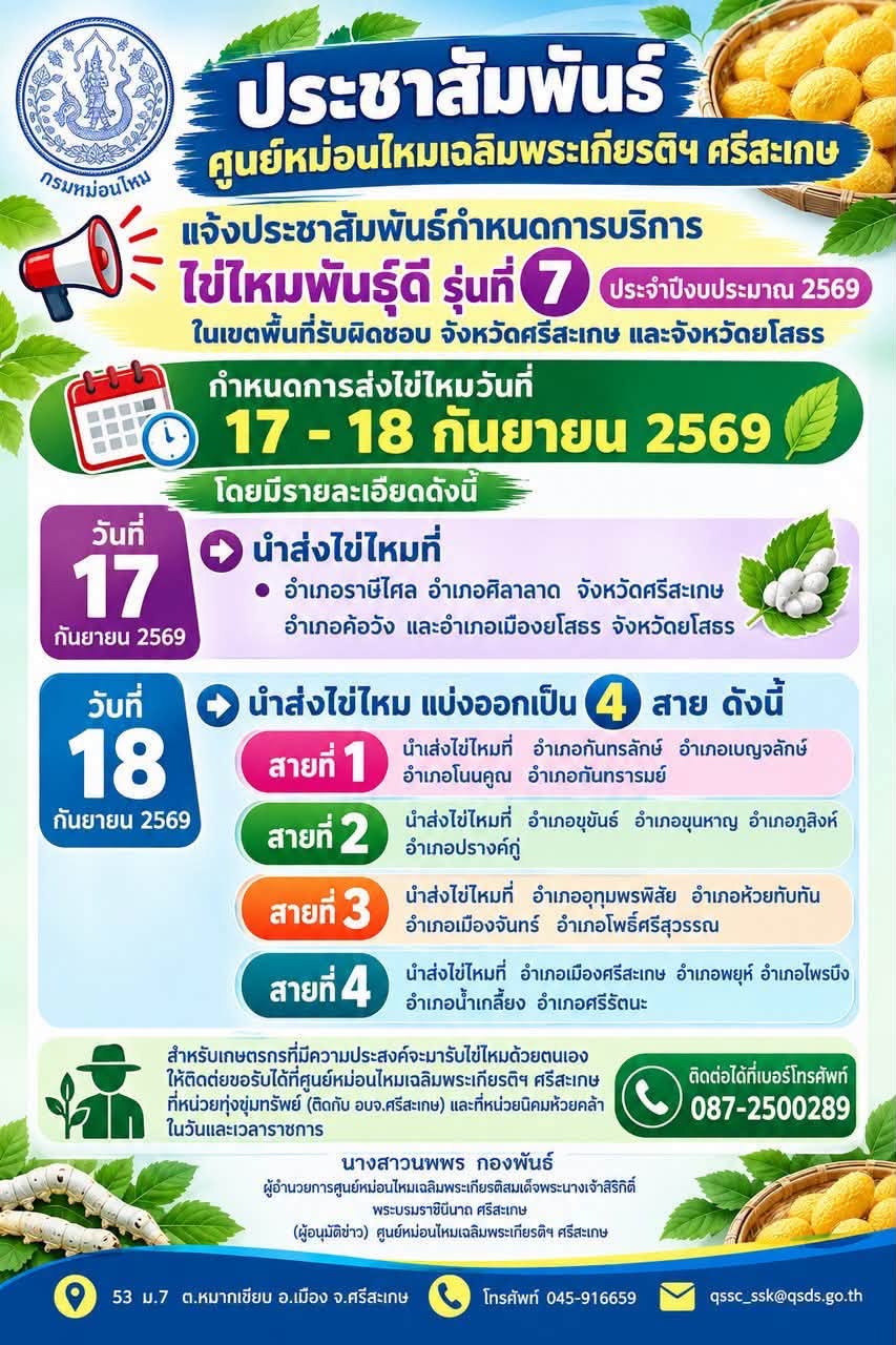 ศูนย์หม่อนไหมเฉลิมพระเกียรติฯ ศรีสะเกษ แจ้งกำหนดการส่งไข่ไหมพันธุ์ดี รุ่นที่ 7 ประจำปี 2569